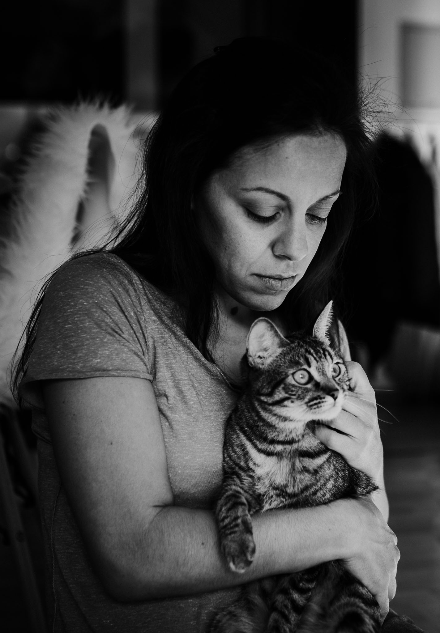 cats and their humans - Portrait einer Frau mit ihrer Katze auf dem Arm